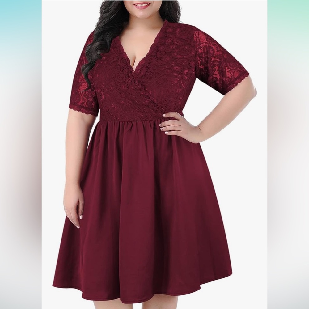Women's Half Sleeves V-Neckline Lace Top Plus Size Cocktail Party Swing Dress